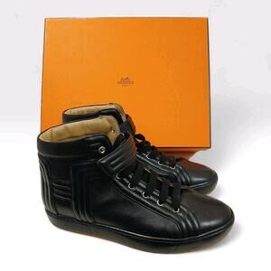 Hermes Mens High Top Sneakers Black Leather EU 41 Modern Detail w BOX AUTHENTIC